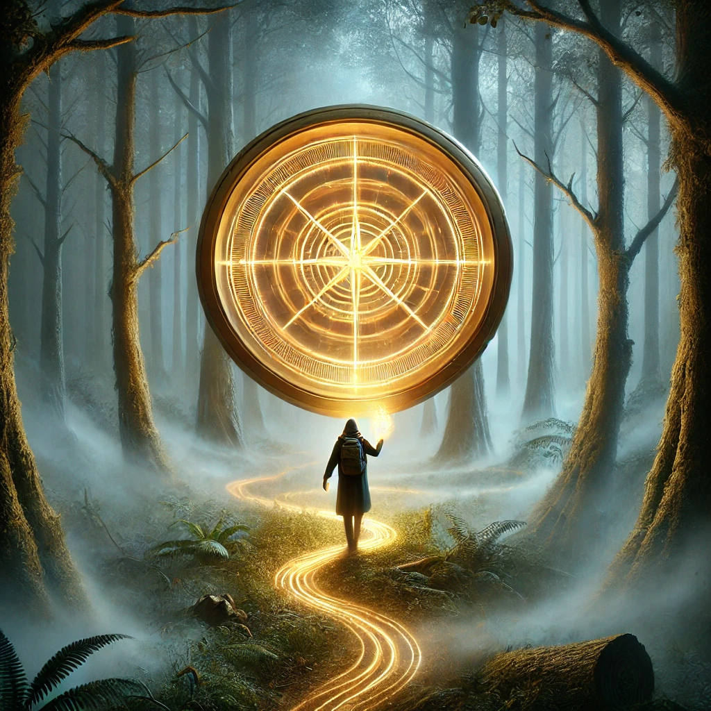 A glowing compass guiding through a mystical, misty forest