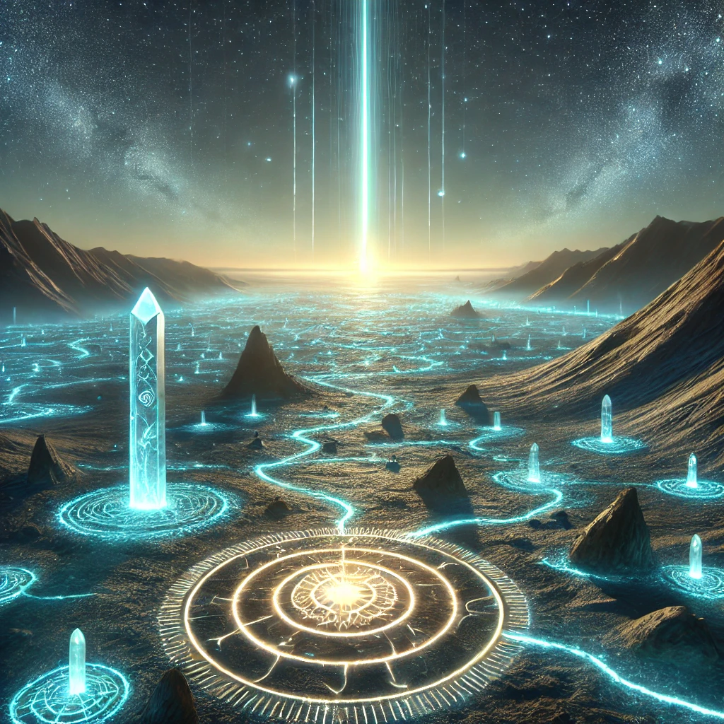 A radiant beacon of light cutting through a glowing surreal landscape with symbols and trails leading toward it
