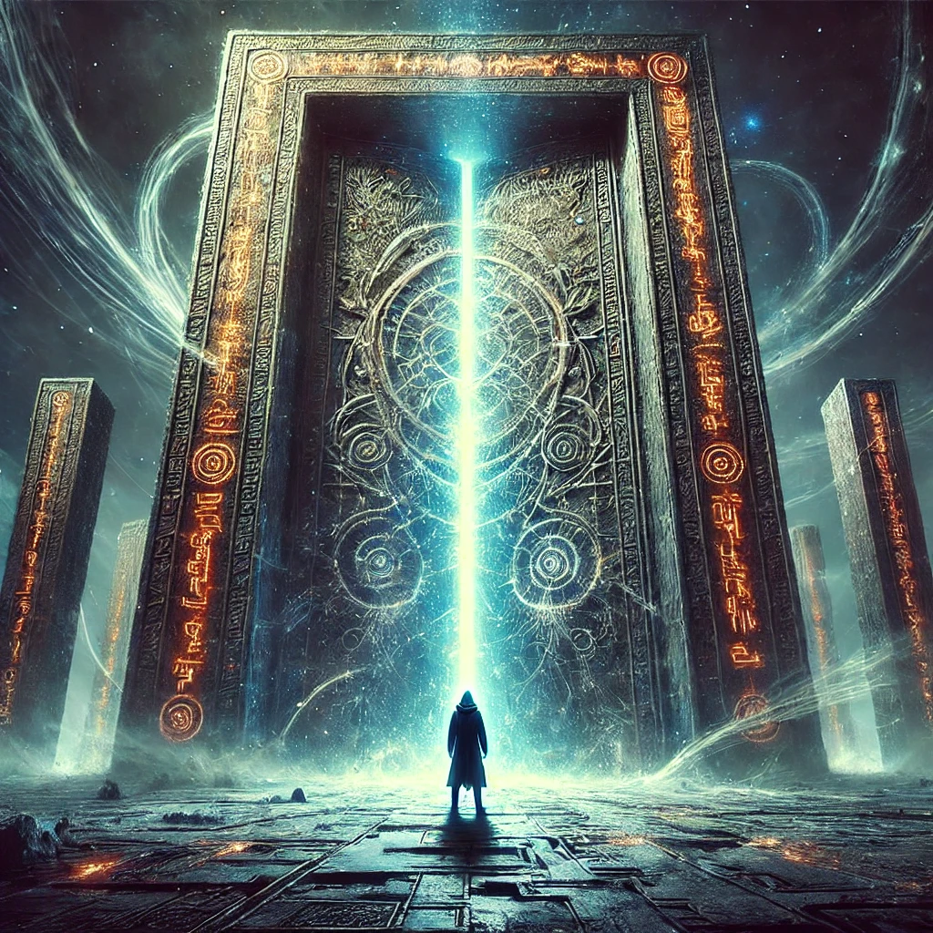 A glowing ancient gate cracking open as energy radiates outward in a storm of light and shadows