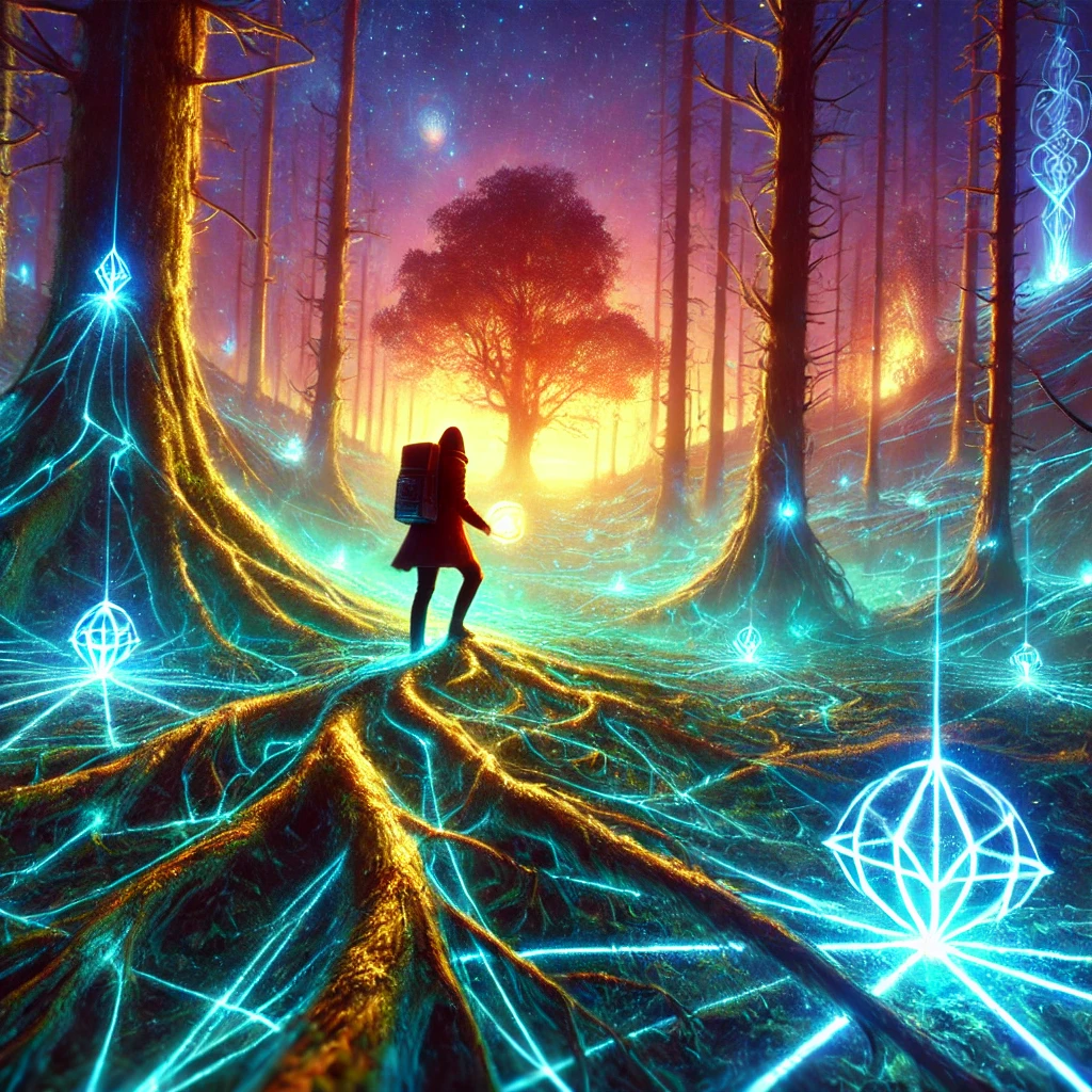 A bold, self-made path through the wilderness, leading to glowing landmarks on the horizon
