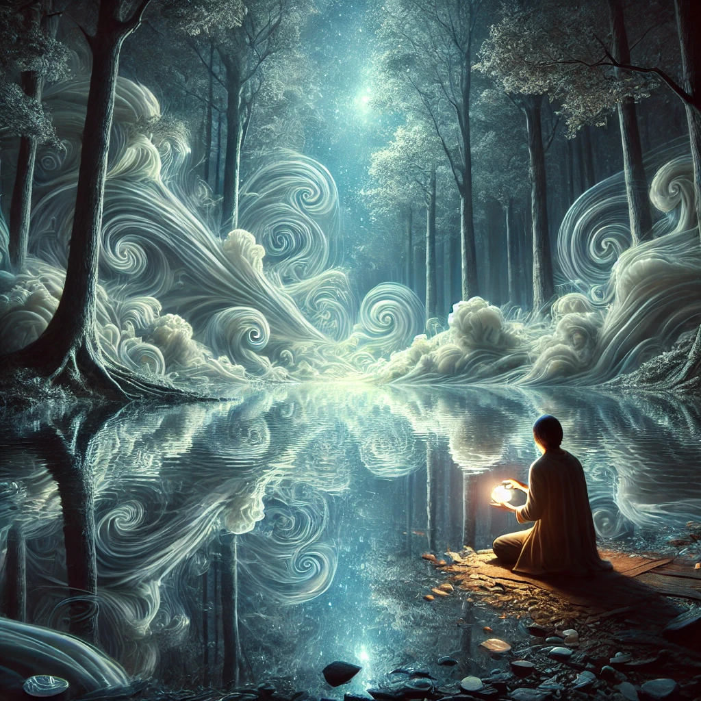 A mystical pool surrounded by glowing light, reflecting visions of the past, present, and future