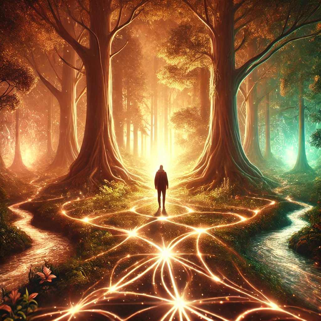 A glowing path winding through a mystical forest, splitting into three distinct trails