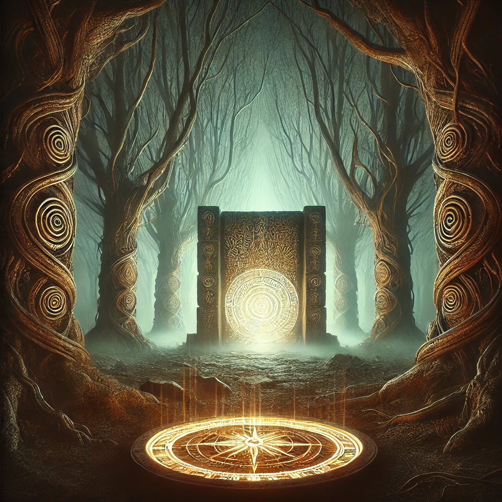 A shimmering hidden gate carved with glowing ancient glyphs, nestled in the forest