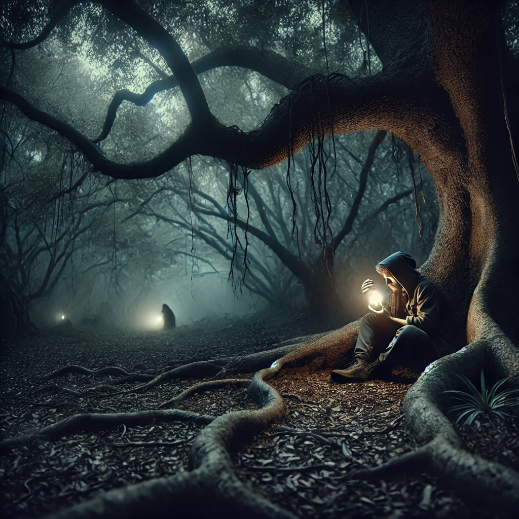 A shadowed clearing surrounded by dense trees, with faint light peeking through and a figure hiding among the roots