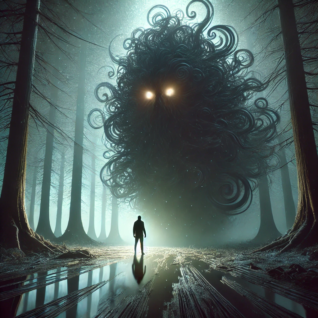 A figure standing before a swirling shadow, surrounded by faint light and memories