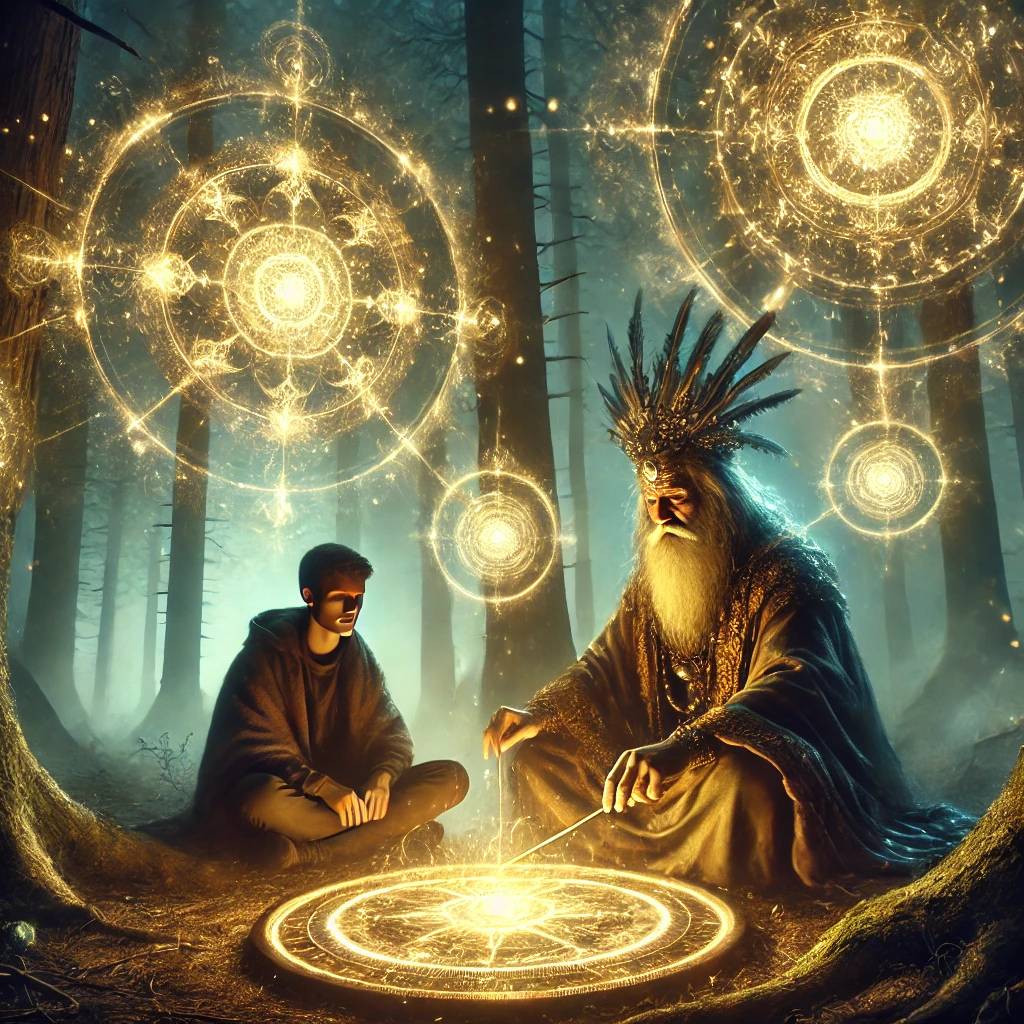 A glowing compass with ancient glyphs, surrounded by a wise shaman and mystical energy