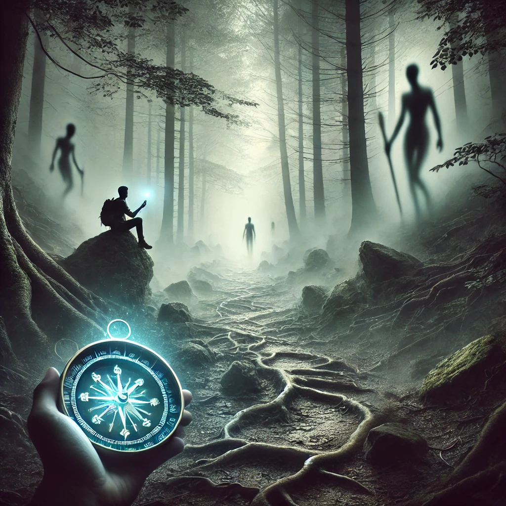 A misty path with shifting shapes representing fears and doubts, illuminated by faint light