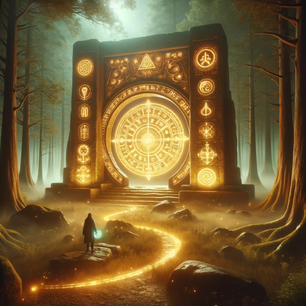 A glowing stone archway inscribed with ancient glyphs, radiating golden light in a mystical forest