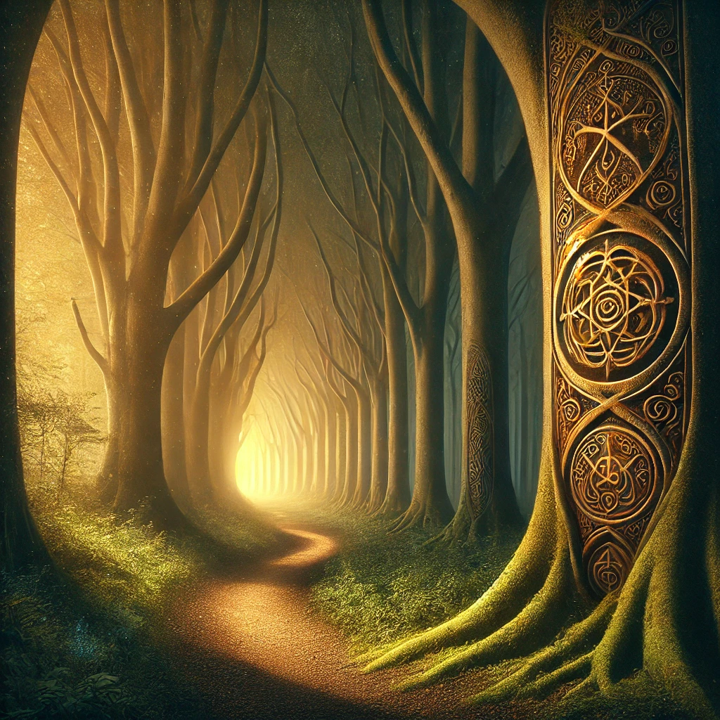 A tunnel of trees with golden light filtering through, creating a serene and mystical atmosphere