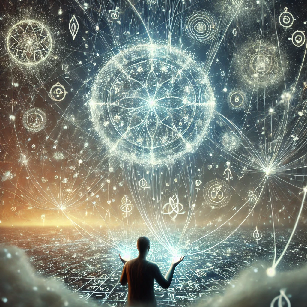A glowing, floating map of light threads and glyphs interwoven in a dark void