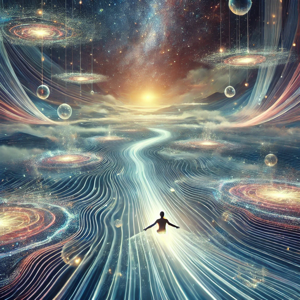 A glowing river of light flowing through a surreal dreamscape, with a figure in perfect harmony with the current
