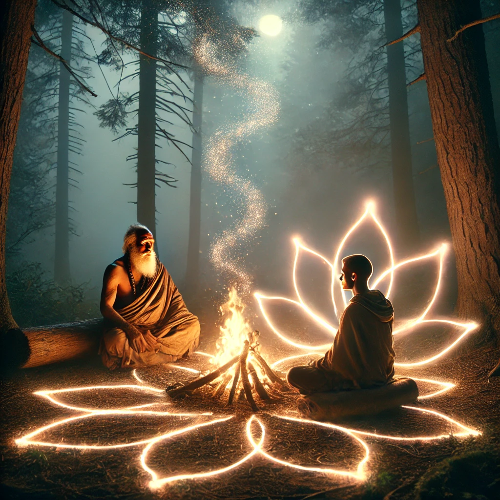 A shaman meditating by a fire in a serene forest