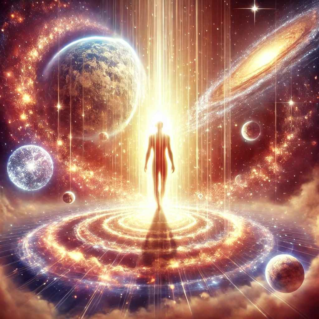 A glowing figure dissolving into radiant light, surrounded by celestial patterns