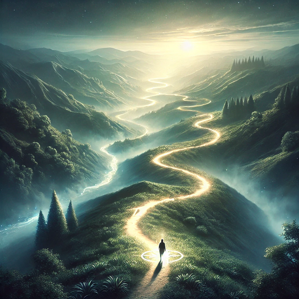 A winding trail that splits into three paths, surrounded by glowing hills and a faint mist