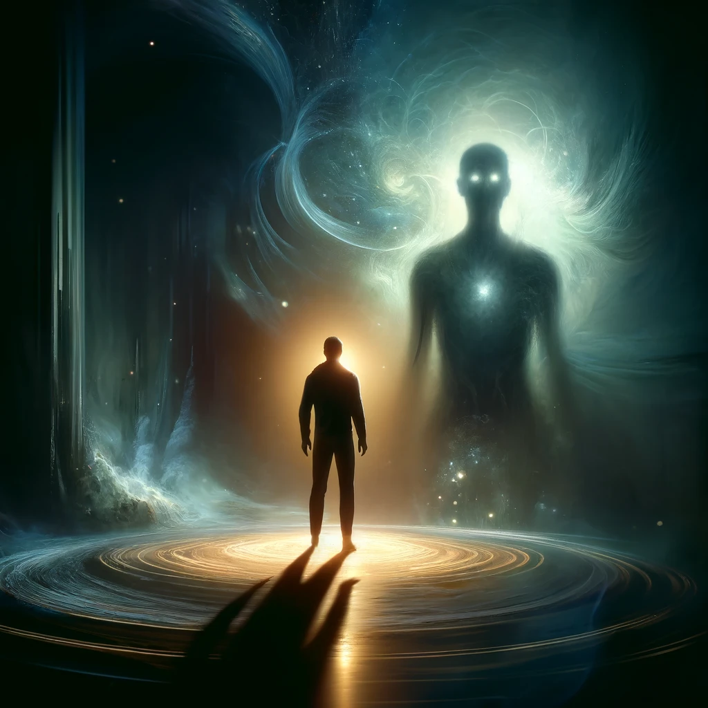 A shadowy figure resembling yourself, glowing faintly in a dark space