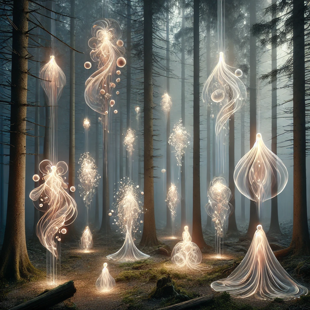 Ethereal, glowing entities drifting through a surreal clearing, their forms a mix of light and shadow