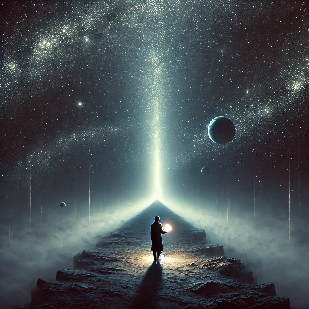 A dark, infinite void with faint glimmers of light in the distance, surrounded by a mysterious atmosphere