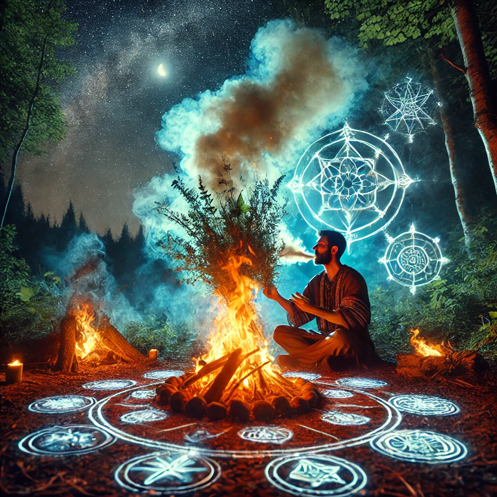 A ritual fire glowing with vibrant colors, surrounded by mystical symbols and a chanting shaman