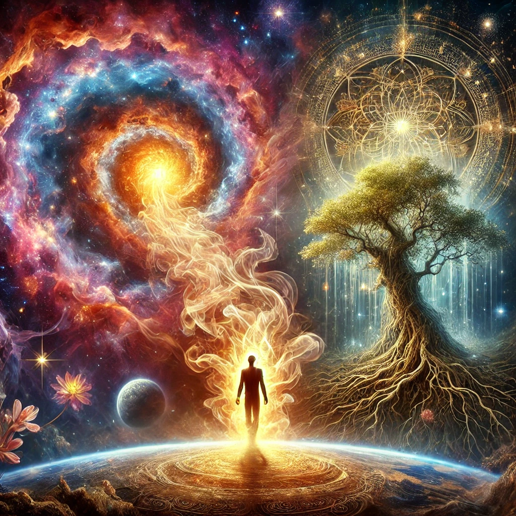 A radiant vision of a galaxy, a tree, and a golden thread connecting all