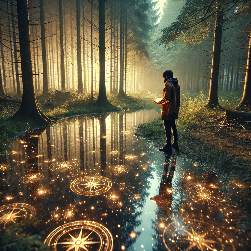 A tranquil pond surrounded by soft light, reflecting fragments of past choices