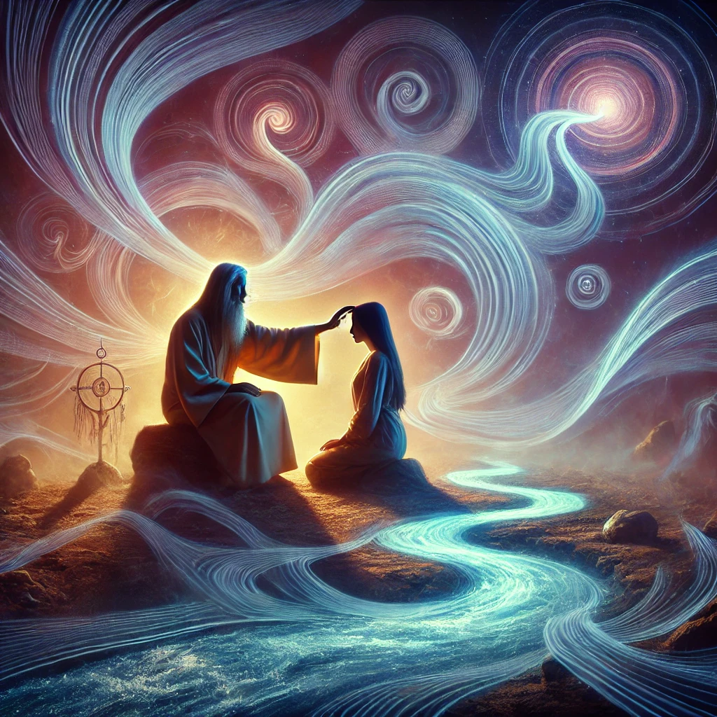A shaman offering guidance under a starlit sky with glowing paths