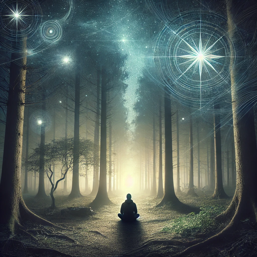 A figure sitting in a glowing forest clearing under a starry sky