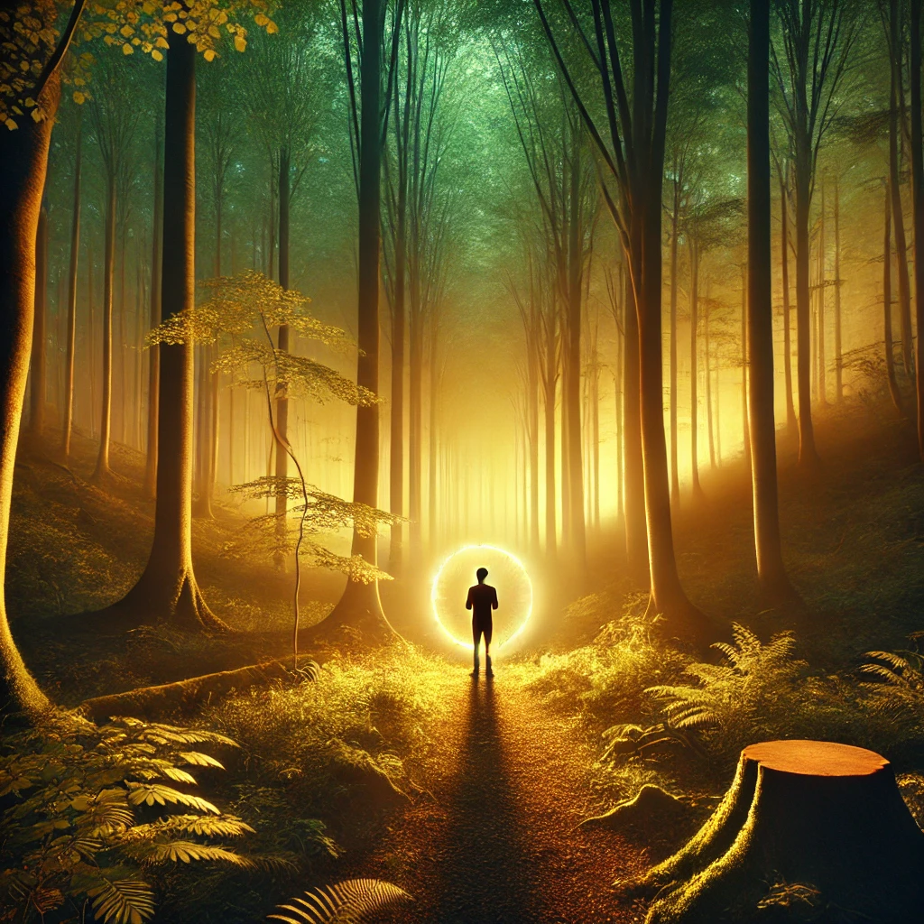 A serene figure standing in a glowing forest clearing, surrounded by light and stillness