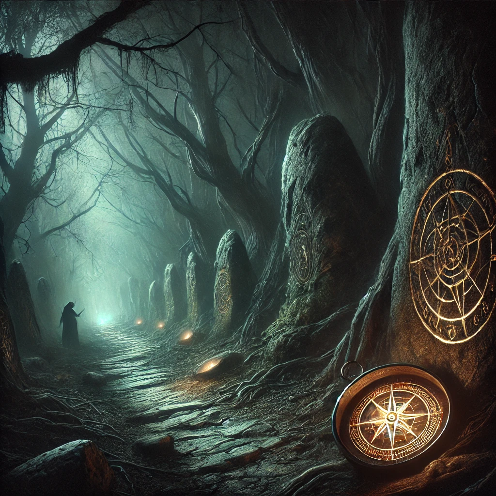 A shadowy trail winding through dark trees, with faint glowing symbols on nearby rocks