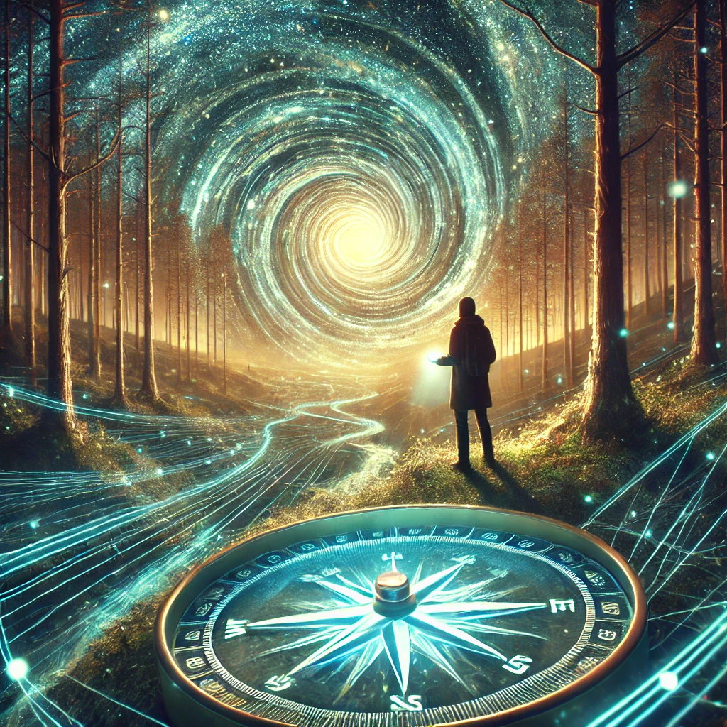A swirling vortex of light surrounded by fragments of possible futures, glowing in a cosmic expanse