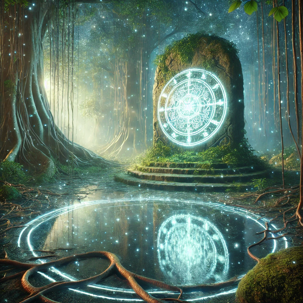 A mystical forest scene with a glowing pedestal, a shimmering pool, ancient trees, and a swirling vortex of light