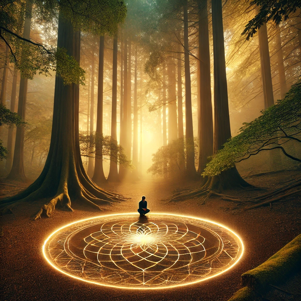 A glowing circle etched into the ground of a serene grove, radiating light and energy