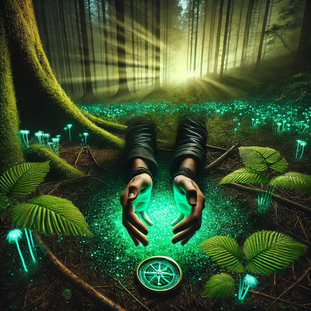 A mystical forest with glowing roots connecting to the Earth, radiating healing energy