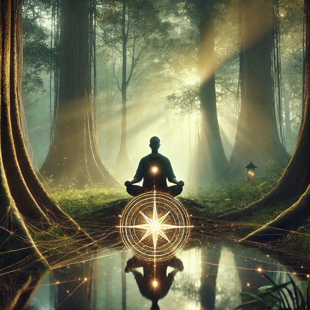 A serene figure surrounded by glowing threads of light connecting moments and paths