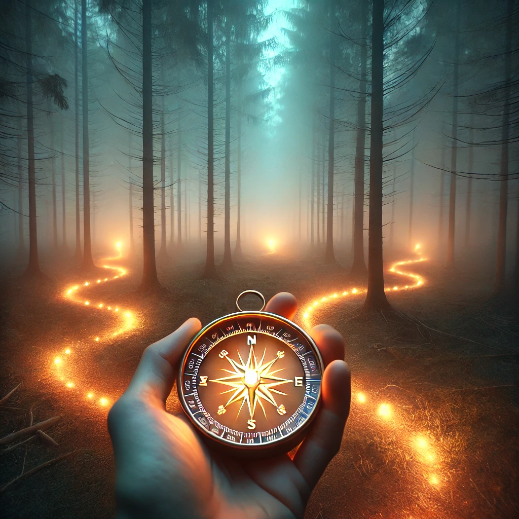 Three glowing trails in a quiet forest, each leading to a different horizon illuminated by light