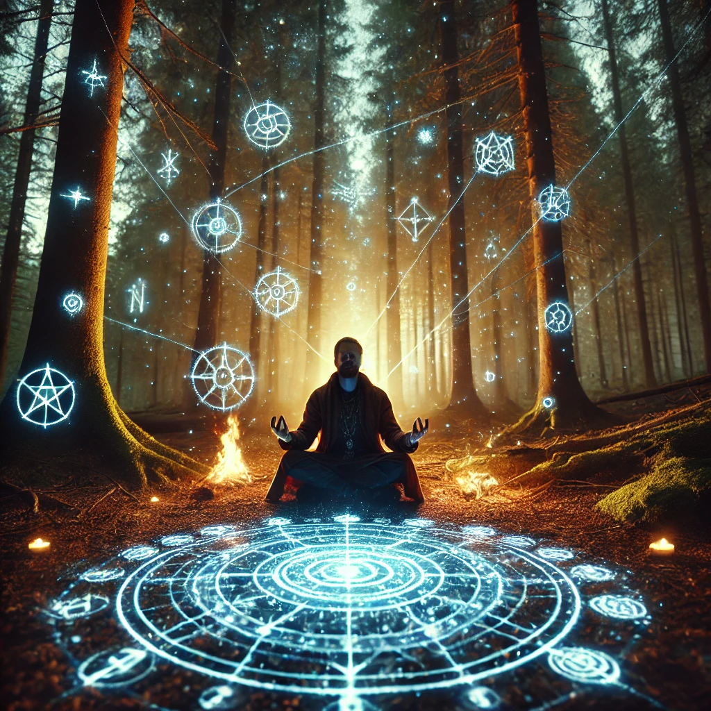 A wise shaman seated in a glowing clearing surrounded by mystical symbols
