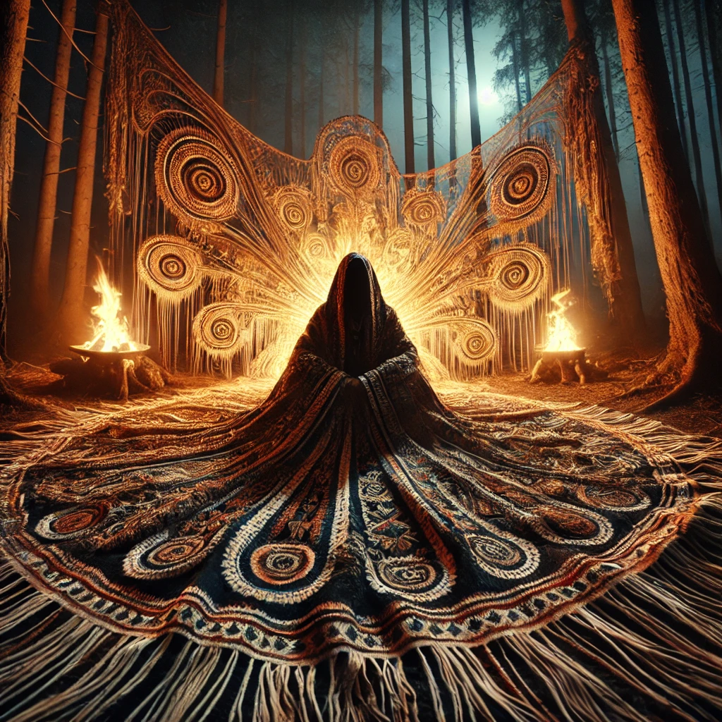 A shaman sitting by the fire in the forest
