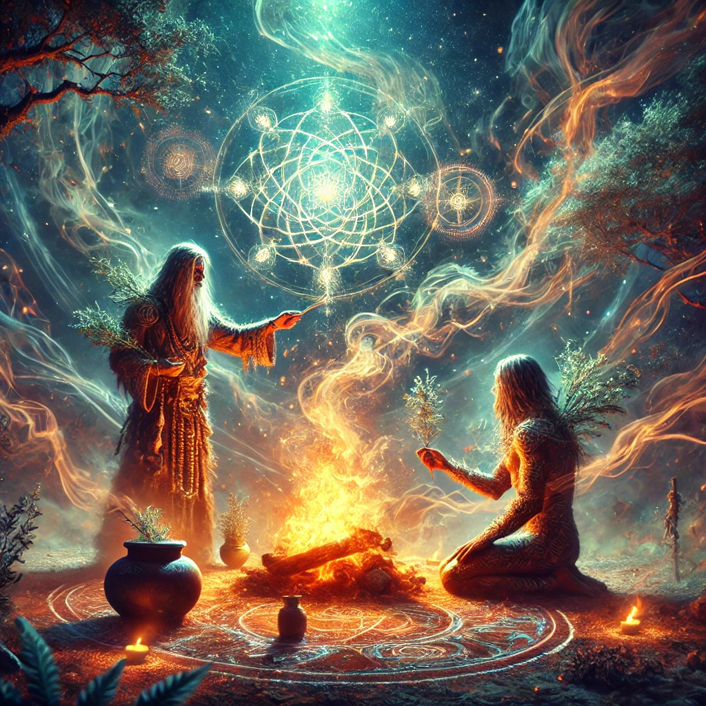 A shaman performing a ritual with sacred smoke and fire