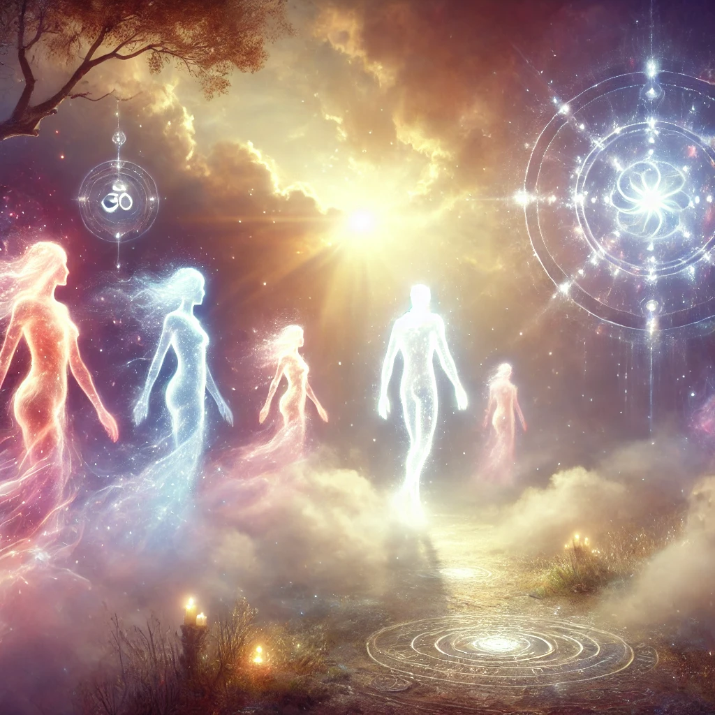 Radiant spiritual guardians surrounded by mist and glowing energy, their forms both human and celestial