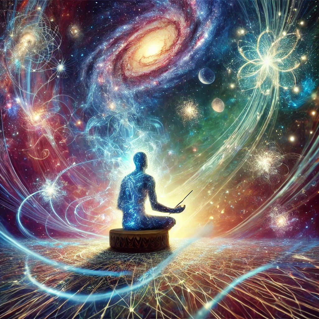 A cosmic expanse with galaxies and luminous beings radiating light