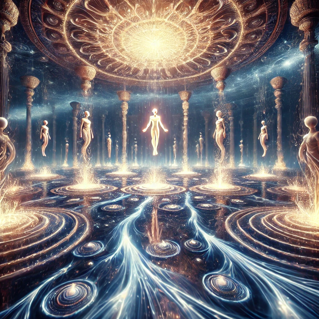 A radiant hall filled with alien beings in an infinite void