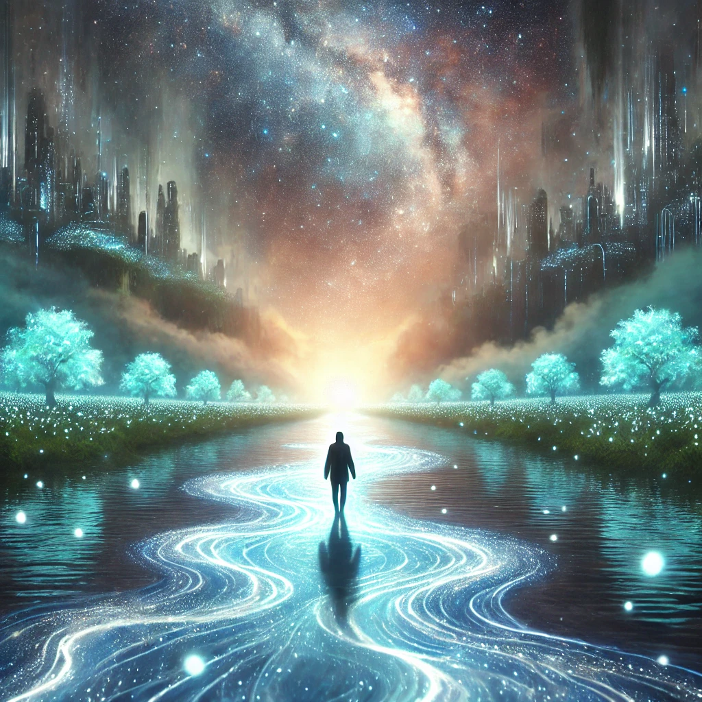 A glowing river of light winding through a surreal dreamscape, carrying a figure gently forward