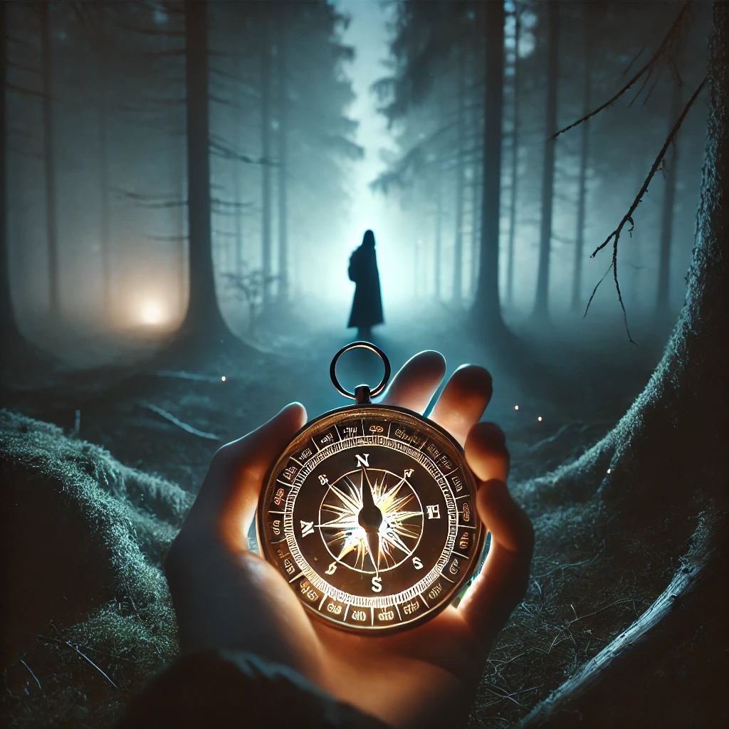 A glowing compass pointing into a mysterious forest under a starlit sky