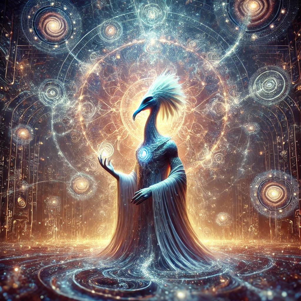 A luminous figure with an ibis head, radiating wisdom