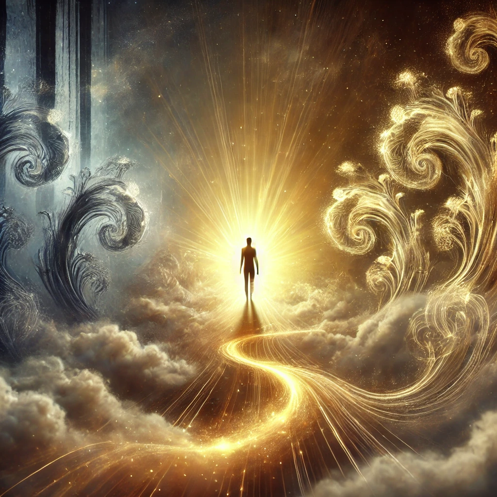 A figure surrounded by swirling light and shadow merging into balance