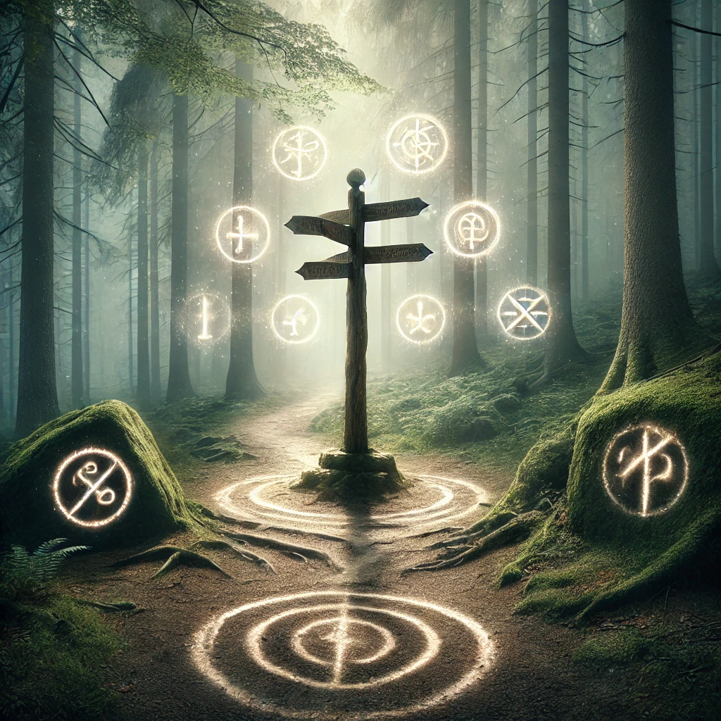 A winding path through a forest with glowing carvings and a signpost at a crossroads