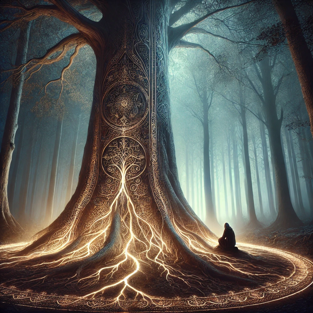A glowing tree with roots stretching deep into the earth, pulsating with light