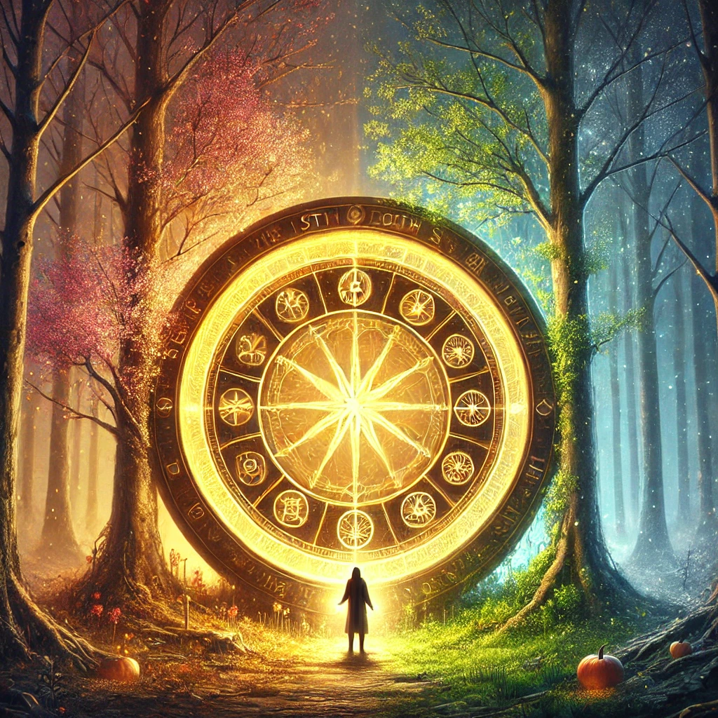 A glowing wheel representing the cycles of life and transformation, surrounded by shifting seasons