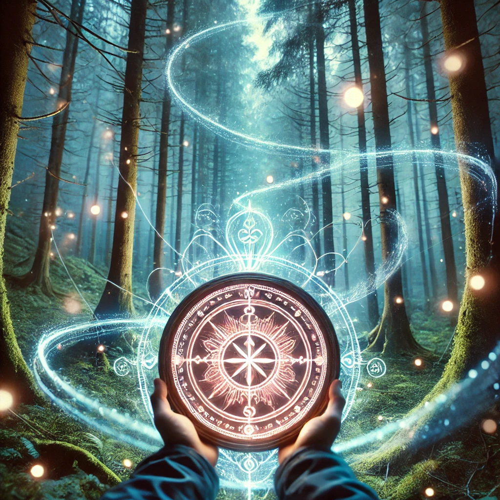 A glowing compass surrounded by swirling energy and patterns of light