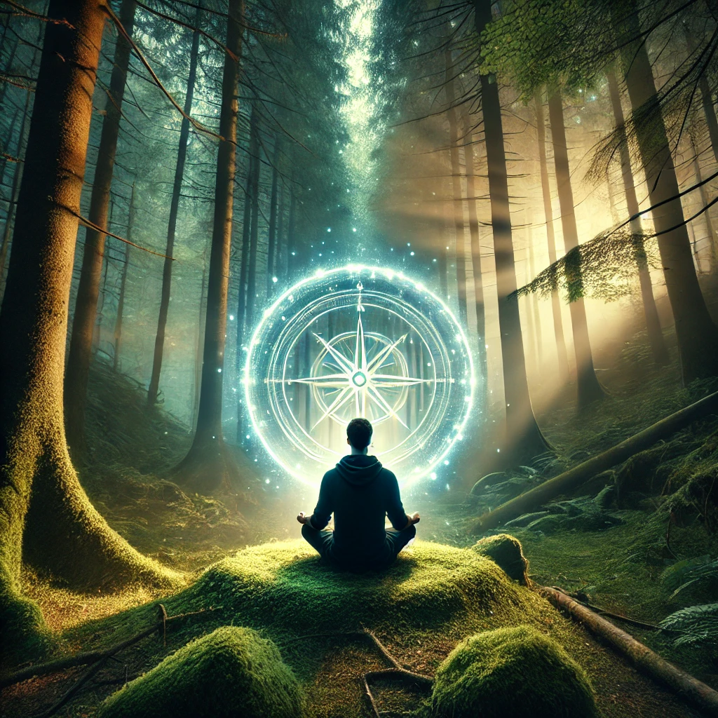 A glowing figure surrounded by swirling fragments of memories and emotions, bathed in soft light