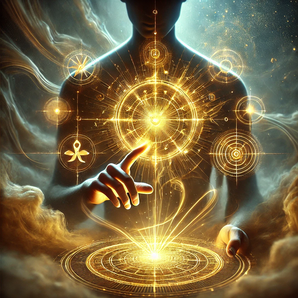 A glowing compass emitting a beam of light towards a gateway